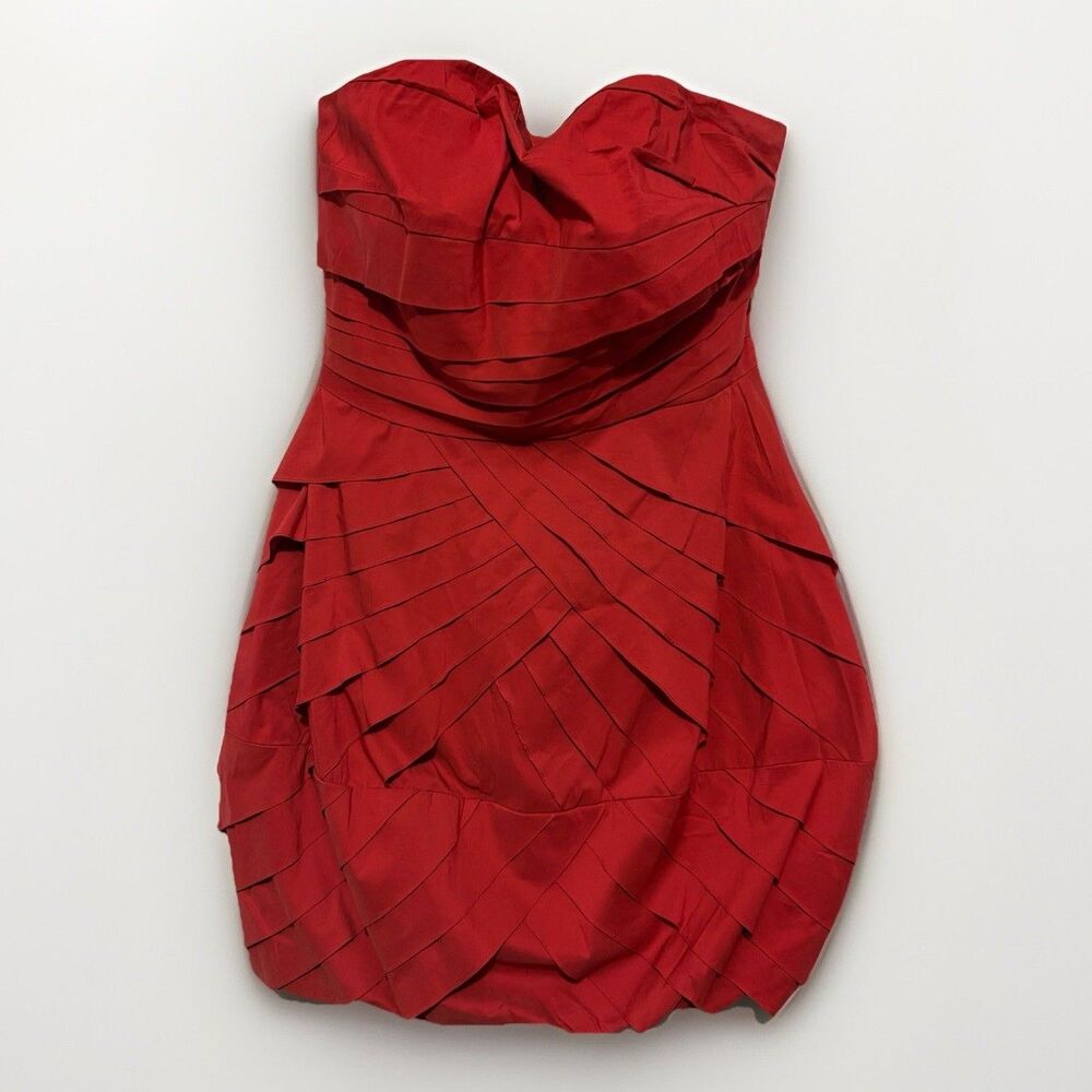 Tracy Reese Red Strapless Pleated Bubble Dress Sz 8 Architectural Artsy Cocktail - Picture 2 of 12